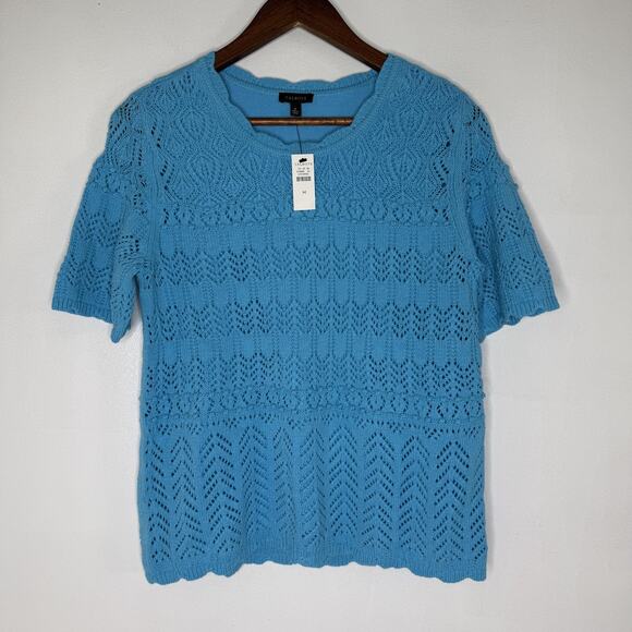 Talbots Sweater Womens Medium Blue Short Sleeve Crochet Knit Pullover Top NEW - Picture 1 of 8